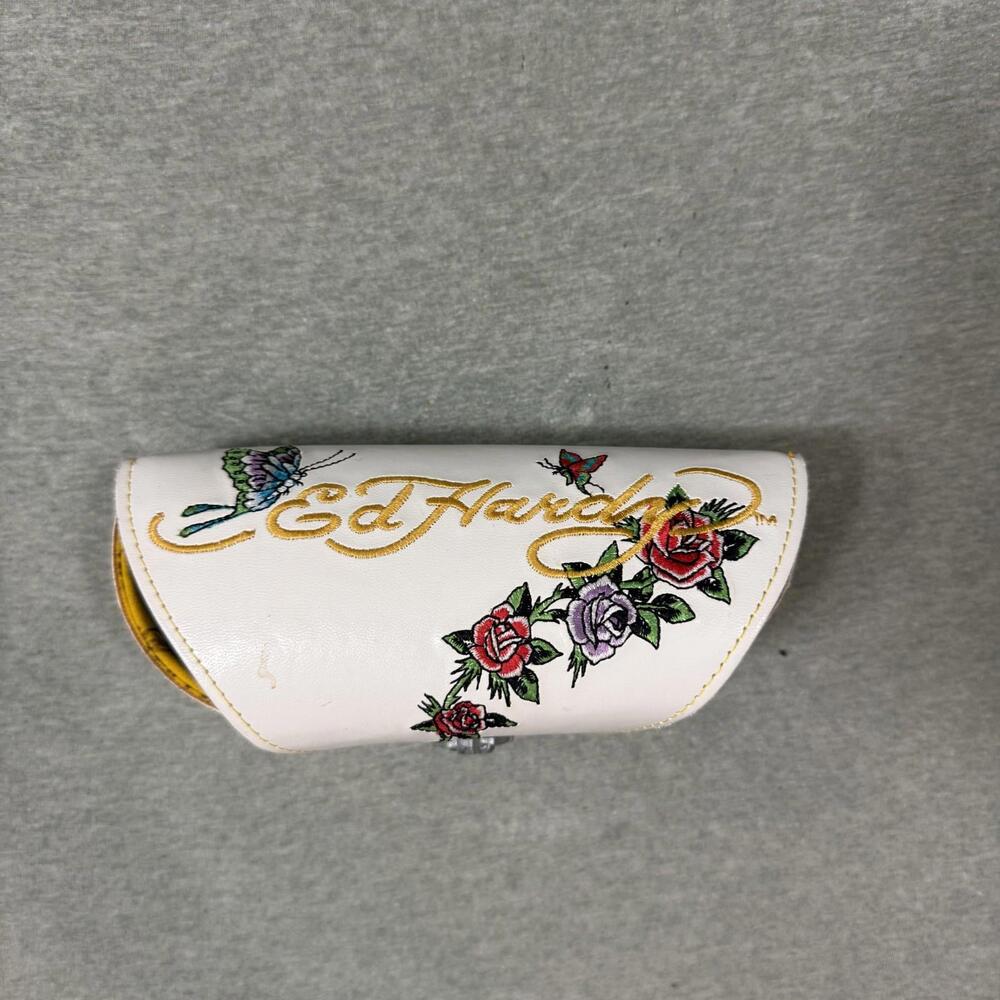 Ed Hardy White Snap Front Eyeglass Case Embroidered Butterflies Roses Case Only